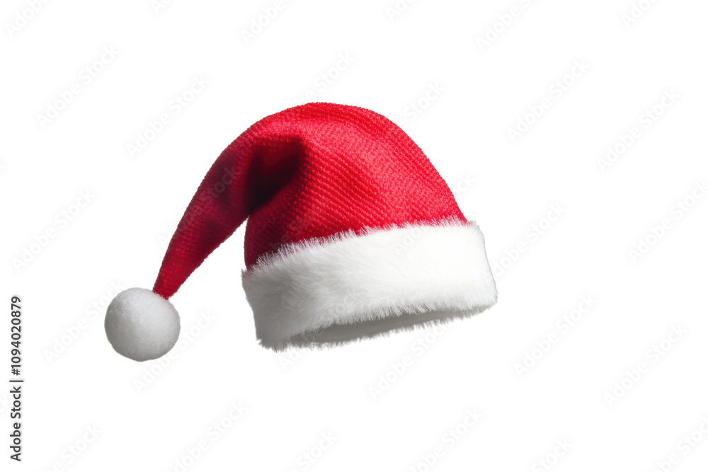A vibrant red Santa hat features a soft white fur trim and a fluffy pom-pom on top. Ideal for adding a festive touch to holiday decorations and celebrations throughout the season A vibrant red Santa hat features a soft white fur trim and a fluffy pom-pom on top. Ideal for adding a festive touch to holiday decorations and celebrations throughout the season