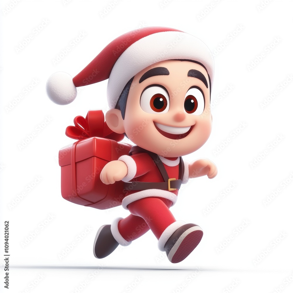 Cheerful Cartoon Character in Santa Costume Joyfully Running with Gift Box on White Background for Holiday and Christmas Themes Cheerful Cartoon Character in Santa Costume Joyfully Running with Gift Box on White Background for Holiday and Christmas Themes