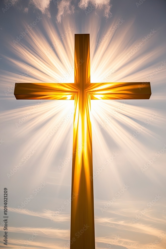 A majestic Christian cross radiates brilliance against a serene sky background, with soft, wispy clouds scattered across the horizon, as if kissed by the gentle light of divine love, hope, ai A majestic Christian cross radiates brilliance against a serene sky background, with soft, wispy clouds scattered across the horizon, as if kissed by the gentle light of divine love, hope, ai