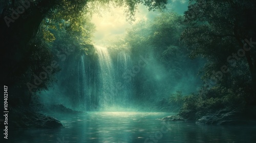 A serene waterfall surrounded by lush greenery and mist, evoking tranquility and nature's beauty.