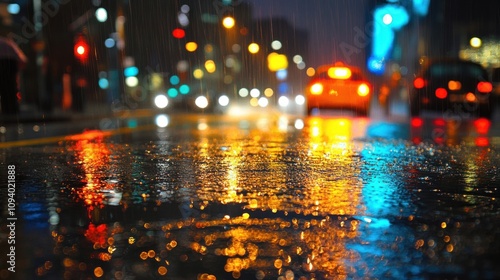 A rainy urban scene reflecting colorful lights on wet pavement at night.