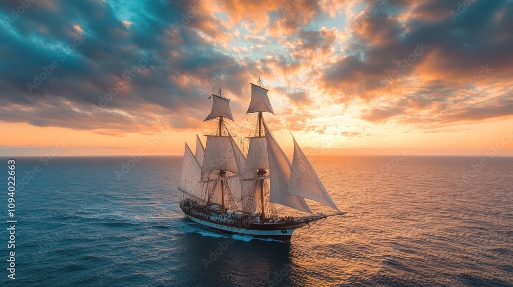 Fototapeta premium A majestic sailing ship gliding through the ocean at sunset.