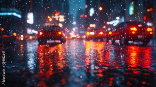 A rainy city scene with reflections and illuminated traffic at night.