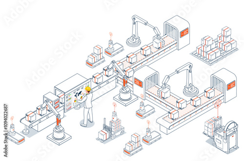 Smart robots and autonomous guided vehicles (AGVs) are transforming warehouse operations through automated material handling. Vector illustration eps10