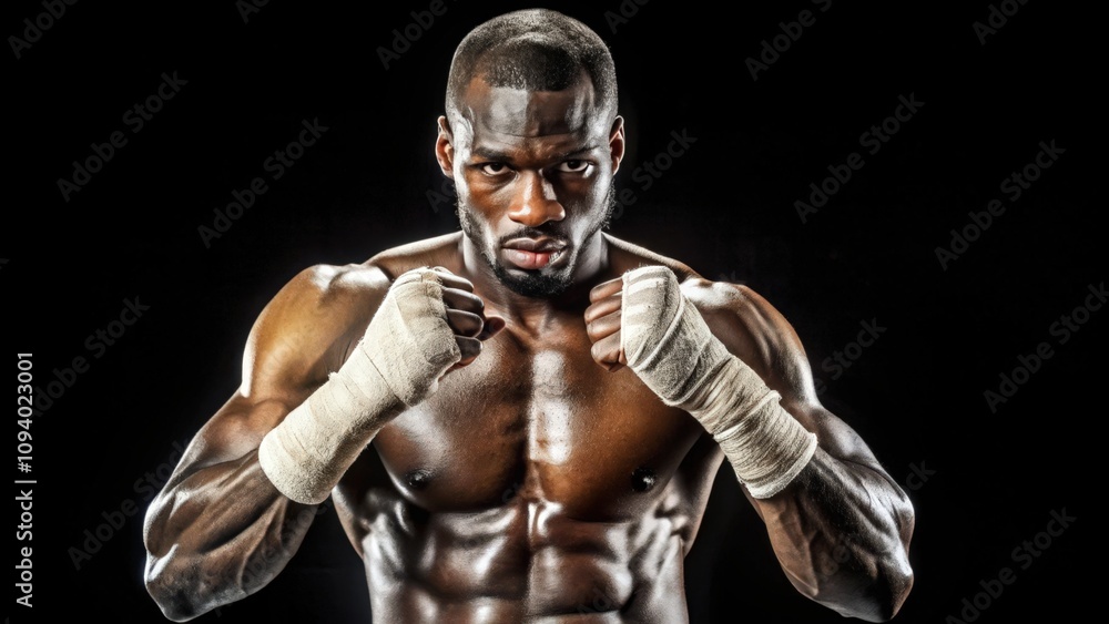 A Muscular Black Man Ready to Fight With Bandaged Hands A Muscular Black Man Ready to Fight With Bandaged Hands