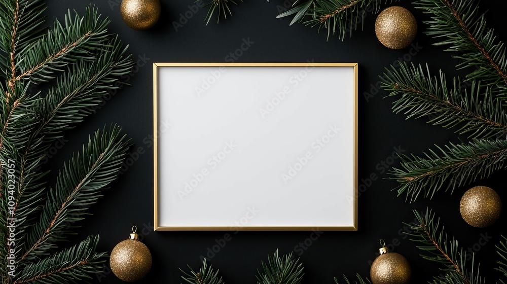 Happy new year mockup product, New year mockup product concept, A minimalist frame surrounded by pine branches and gold ornaments, ideal for holiday decorations or a seasonal greeting. Happy new year mockup product, New year mockup product concept, A minimalist frame surrounded by pine branches and gold ornaments, ideal for holiday decorations or a seasonal greeting.