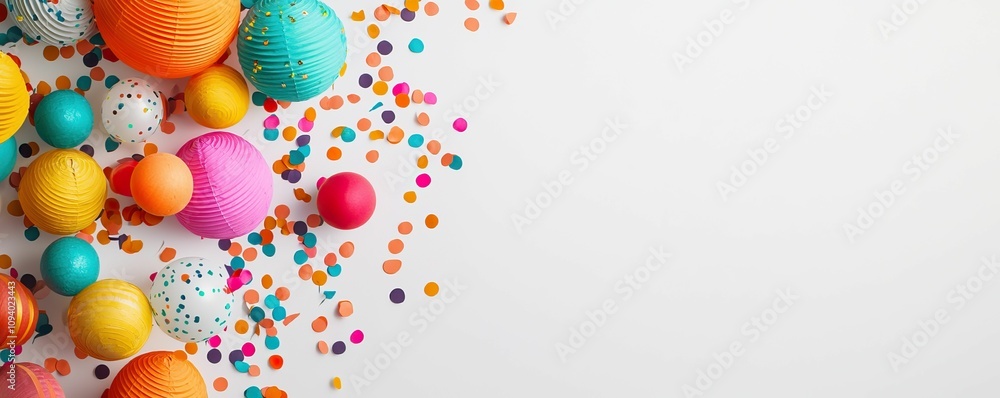 Happy new year mockup product, New year mockup product concept, A vibrant arrangement of colorful decorative balls and confetti on a light background, evoking a festive and playful atmosphere. Happy new year mockup product, New year mockup product concept, A vibrant arrangement of colorful decorative balls and confetti on a light background, evoking a festive and playful atmosphere.