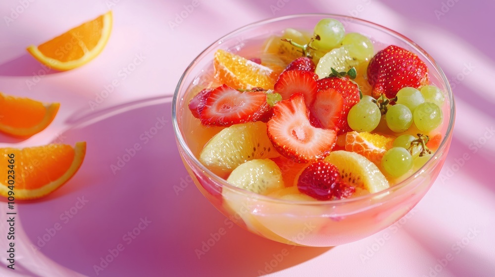 Refreshing summer fruit bowl recipe bright pink background food photography indoor setting close-up perspective healthy snacks Refreshing summer fruit bowl recipe bright pink background food photography indoor setting close-up perspective healthy snacks