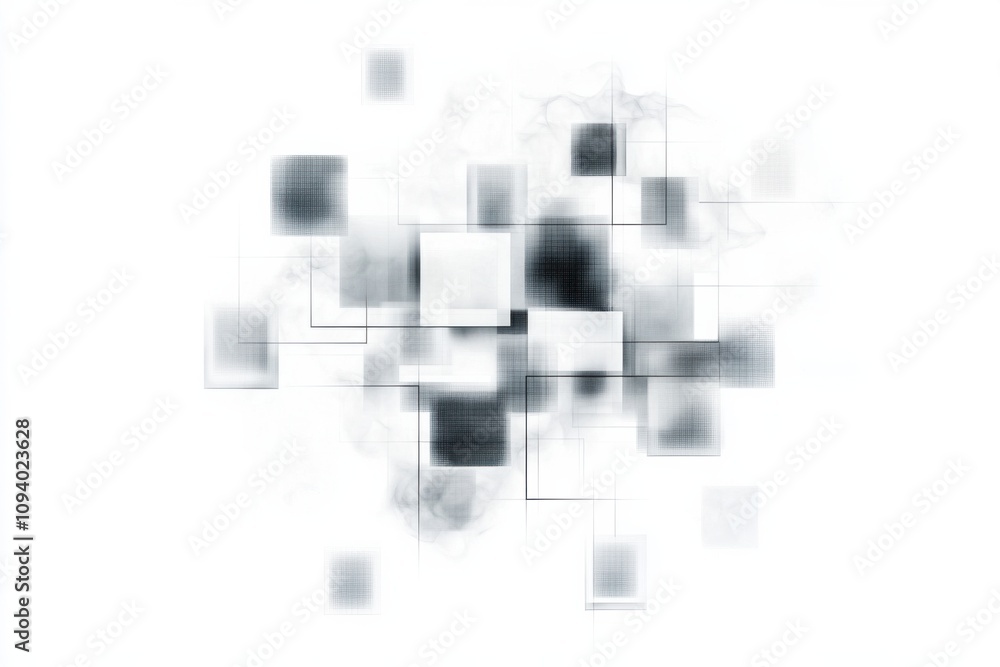 This digital artwork showcases an abstract arrangement of pixel squares in various shades of black and white. The transparency allows for versatile use in modern designs and visuals This digital artwork showcases an abstract arrangement of pixel squares in various shades of black and white. The transparency allows for versatile use in modern designs and visuals