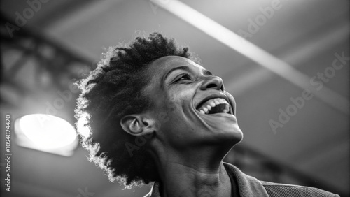 An expressive portrait of a person with an enthusiastic demeanor their welldefined bone structure illuminated by an overhead light source that creates striking contrasts enhancing photo