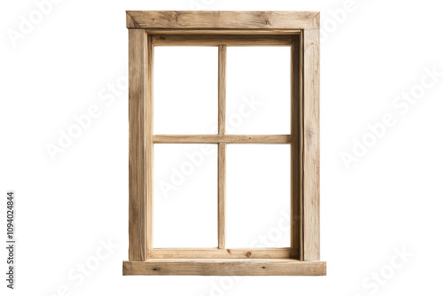 A rustic window frame made of natural wood sits against a clean white background, showcasing its craftsmanship and natural texture ideal for interior design applications