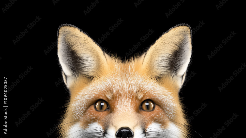 Fototapeta premium Fox Peeking: A curious red fox with piercing eyes peeks out from behind a black backdrop, creating a captivating and enigmatic portrait. 