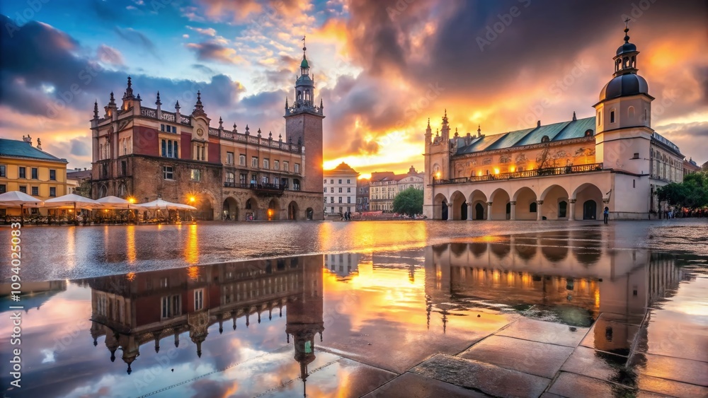 Obraz premium Stunning Krakow Main Square at Sunrise: Reflections of St. Mary's Basilica and the Cloth Hall in a Rainy Atmosphere