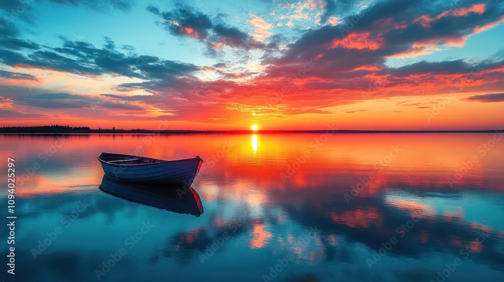 A serene sunset over calm waters with a lone boat, reflecting vibrant colors. A serene sunset over calm waters with a lone boat, reflecting vibrant colors.