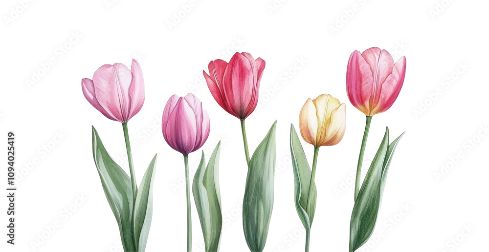 Colorful Tulips with Green Leaves on transparent background Colorful Tulips with Green Leaves on transparent background