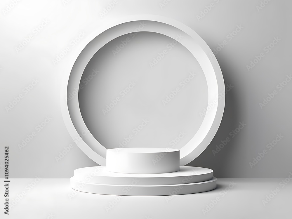 Abstract white 3D room with realistic white cylinder pedestal podium set and palm leaf shadow Abstract white 3D room with realistic white cylinder pedestal podium set and palm leaf shadow
