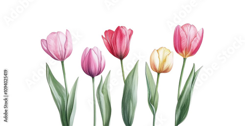 Wallpaper Mural Colorful Tulips with Green Leaves on transparent background Torontodigital.ca