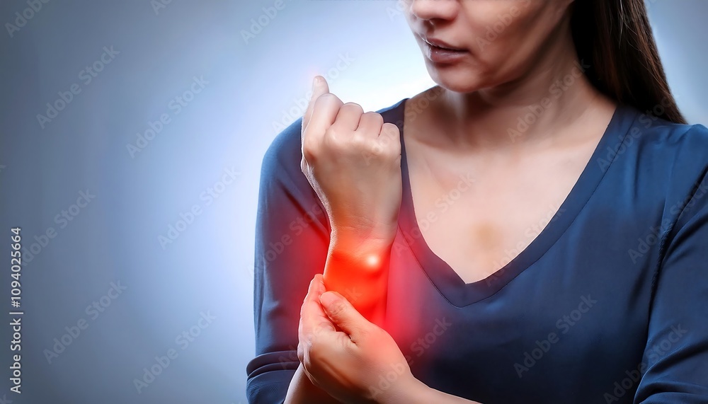 A person hand with a red highlighted area indicating pain at the wrist. A person hand with a red highlighted area indicating pain at the wrist.