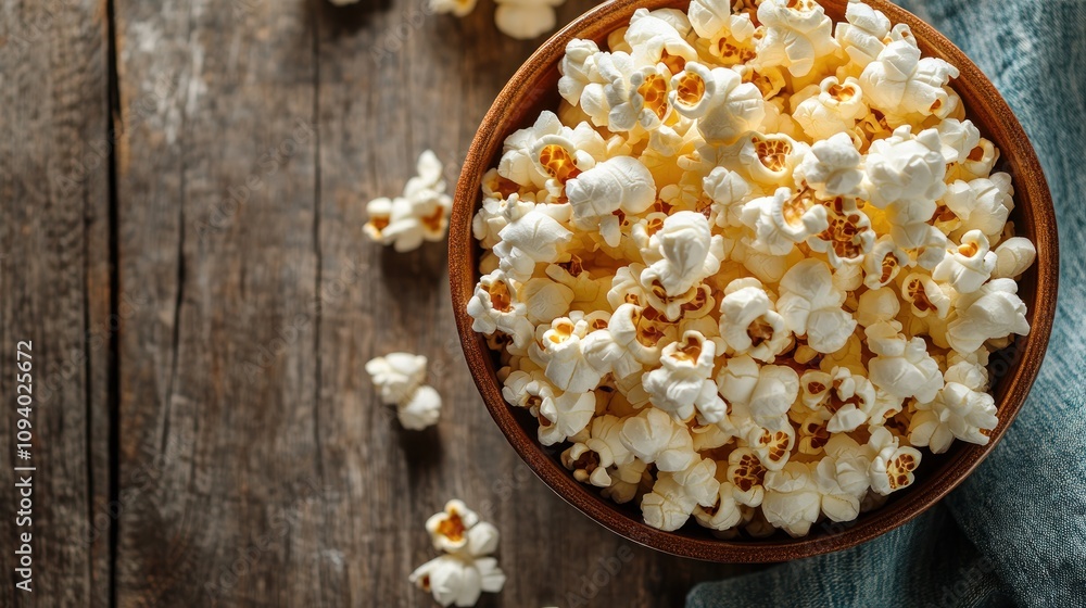 A wooden bowl filled with fluffy popcorn on a rustic surface, perfect for snacking. A wooden bowl filled with fluffy popcorn on a rustic surface, perfect for snacking.