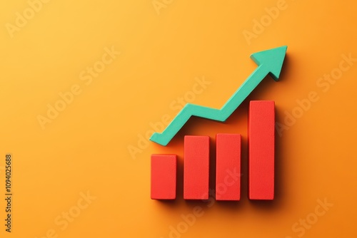 Red bar chart with green upward arrow on orange background