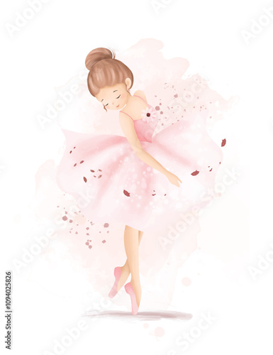 Watercolor Illustrastion Beautiful Ballerina Wears Pink Dress