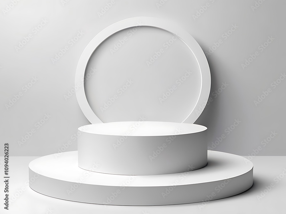 Abstract white 3D room with realistic white cylinder pedestal podium set and palm leaf shadow Abstract white 3D room with realistic white cylinder pedestal podium set and palm leaf shadow