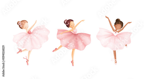 Watercolor Illustrastion Set of Beautiful Ballerina Wears Pink Dress