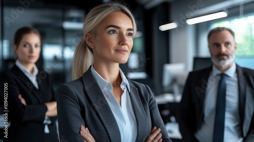 Confident Businesswoman Standing Out in Modern Office Environment with Colleagues, Professional Team Collaboration, Leadership and Empowerment