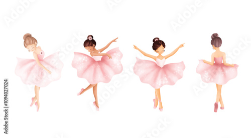 Watercolor Illustrastion Set of Beautiful Ballerina Wears Pink Dress