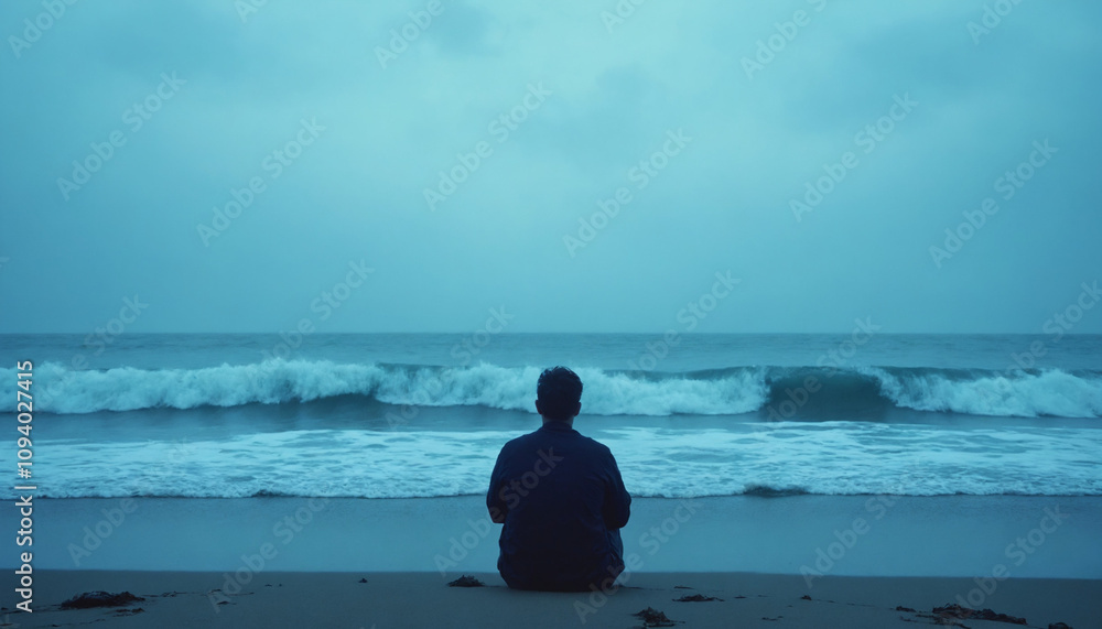 Lonely person sitting on the beach looking at the ocean waves on a cloudy blue day Lonely person sitting on the beach looking at the ocean waves on a cloudy blue day