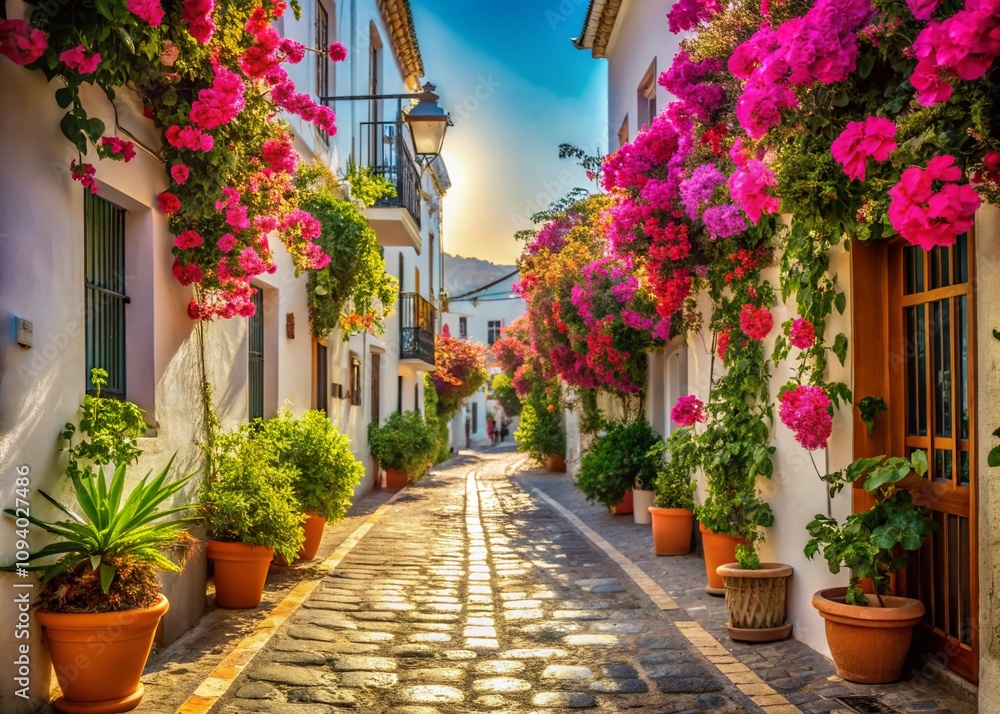 Stunning Macro Photography of a Charming Street in Nerja, Showcasing Colorful Facades, Lush Bougainvillea, and Artistic Details in an Enchanting Coastal Town Stunning Macro Photography of a Charming Street in Nerja, Showcasing Colorful Facades, Lush Bougainvillea, and Artistic Details in an Enchanting Coastal Town