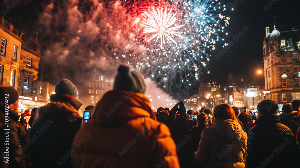 huge Hogmanay party on the streets of Edinburgh on New Year's Eve with spectacular fireworks over Edinburgh Castle, Ai generated images huge Hogmanay party on the streets of Edinburgh on New Year's Eve with spectacular fireworks over Edinburgh Castle, Ai generated images