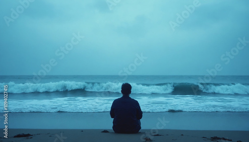 Lonely person sitting on the beach looking at the ocean waves on a cloudy blue day