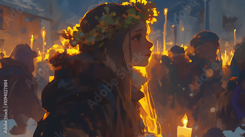 illustration of Saint Lucia Day, a girl with a crown of candles walks on a city street at dusk with people watching the procession, Ai generated images photo