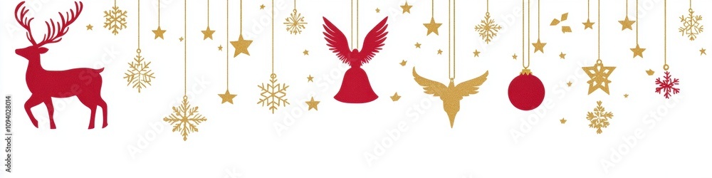 Festive Holiday Decor Featuring Red Reindeer, Golden Stars, Angels, and Ornaments Against a White Background for Seasonal Celebrations and Greetings Festive Holiday Decor Featuring Red Reindeer, Golden Stars, Angels, and Ornaments Against a White Background for Seasonal Celebrations and Greetings
