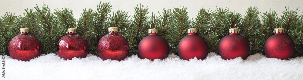 Beautiful Red Christmas Ornaments Lined Up on Fresh White Snow with Evergreen Pine Branches in a Festive Holiday Setting for Seasonal Decorations Beautiful Red Christmas Ornaments Lined Up on Fresh White Snow with Evergreen Pine Branches in a Festive Holiday Setting for Seasonal Decorations