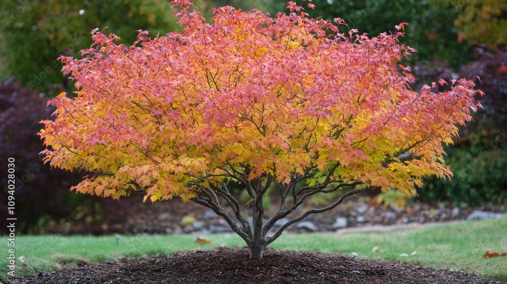 Naklejka premium Autumnal Glory: A Vibrant Japanese Maple Tree in its Fall Hues