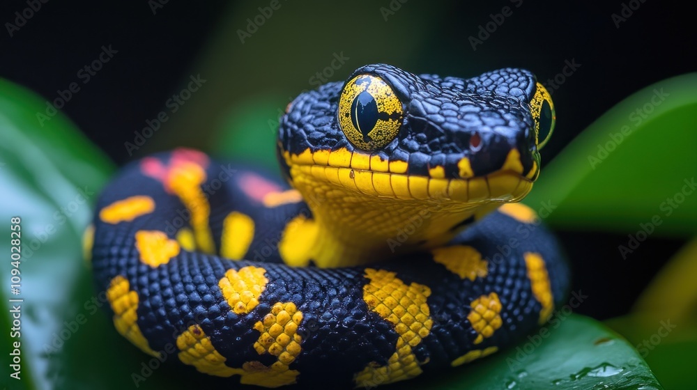 A vibrant black and yellow snake resting on green leaves. A vibrant black and yellow snake resting on green leaves.