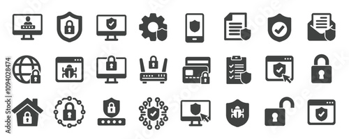 Security solid icons collection. Containing protection, safety, shield, privacy etc icons. For website marketing design, logo, app, template, ui, etc. Vector illustration.