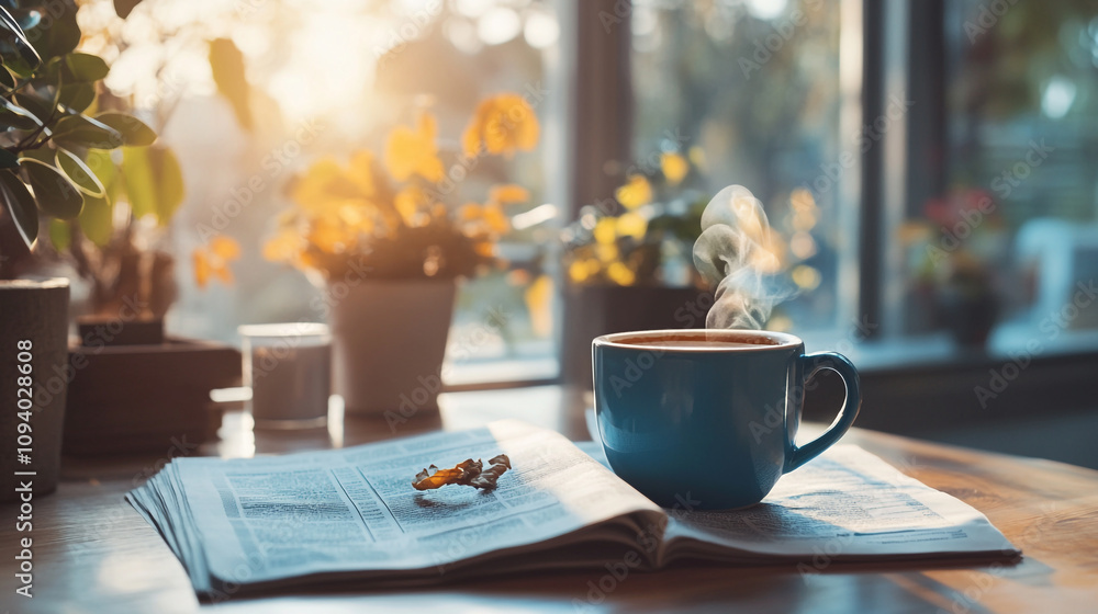 Morning coffee with newspaper and flowers in a sunlit cafe setting Morning coffee with newspaper and flowers in a sunlit cafe setting