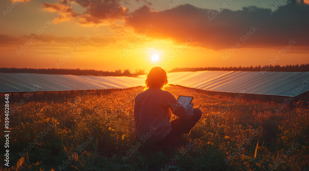 Fototapeta premium A person sits on a field, using a laptop while watching a beautiful sunset over solar panels in a serene landscape.