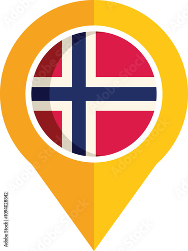 Yellow location pin icon showing the flag of norway, for travel and location concepts