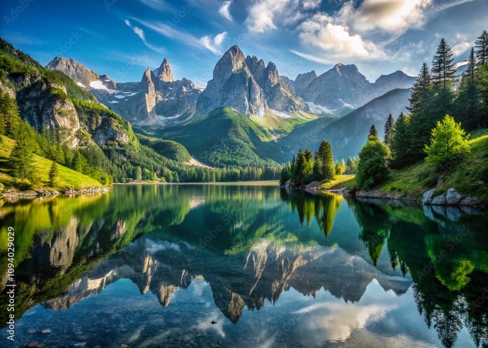 Stunning Mirror Reflections of the Dachstein Mountain Range in the Tranquil Waters of Lake Spiegelsee Mittersee, Capturing Nature's Beauty in Perfect Harmony Stunning Mirror Reflections of the Dachstein Mountain Range in the Tranquil Waters of Lake Spiegelsee Mittersee, Capturing Nature's Beauty in Perfect Harmony