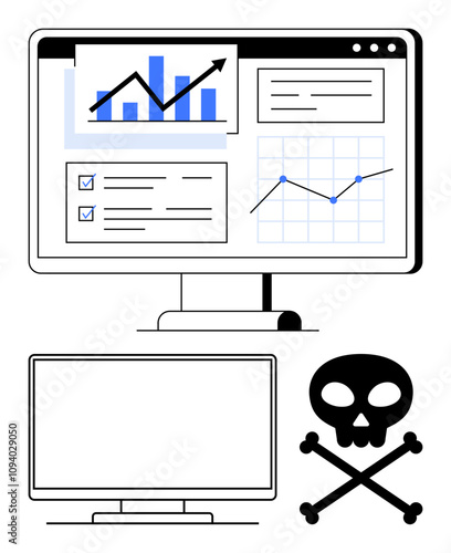 Computer monitor with data charts, graphs, and checklists additional monitor and skull with crossbones symbol representing cyber threats. Ideal for cyber security, risk management, data analysis, IT