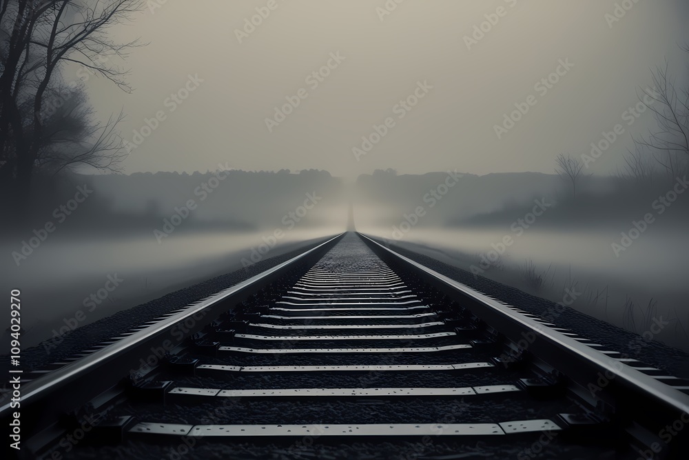 Empty Railway Tracks in the Fog, Creating an Atmospheric Misty Scene, Generative AI Empty Railway Tracks in the Fog, Creating an Atmospheric Misty Scene, Generative AI