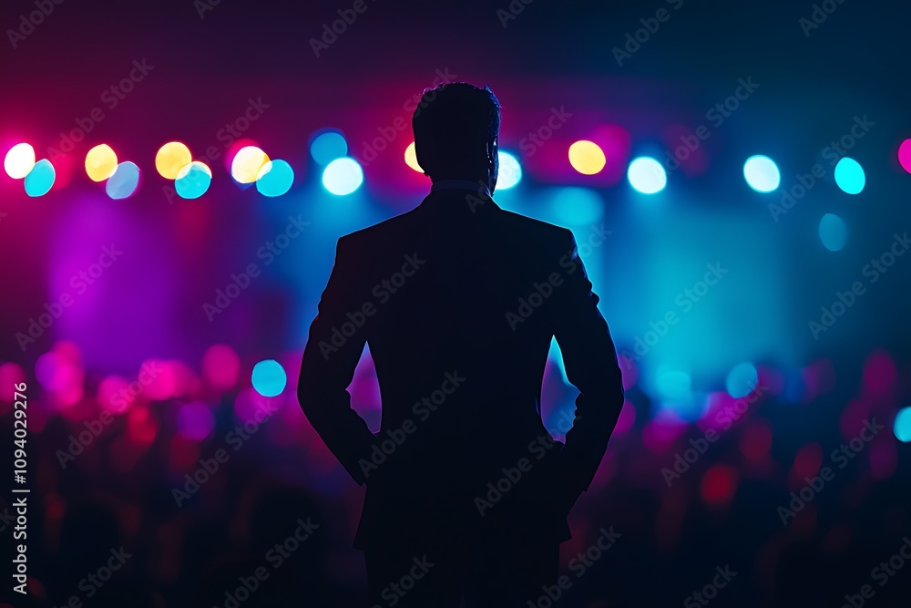 A silhouette of a person in formal attire stands in front of vibrant, colorful stage lights, creating a dramatic and engaging atmosphere. A silhouette of a person in formal attire stands in front of vibrant, colorful stage lights, creating a dramatic and engaging atmosphere.