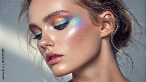 An ethereal portrait capturing the reflective nature of holographic makeup. The models eyelids shimmer in an array of colors creating a prism effect while the skin appears