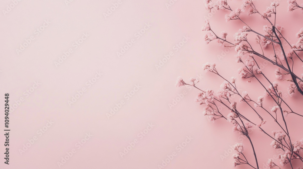 Soft pastel pink background adorned with delicate flowers evokes springtime feel, perfect for advertising and design projects Soft pastel pink background adorned with delicate flowers evokes springtime feel, perfect for advertising and design projects