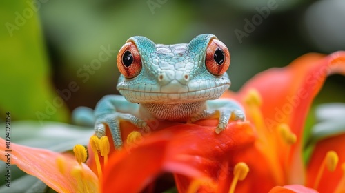 A vibrant frog perched on colorful flowers, showcasing nature's beauty and detail.