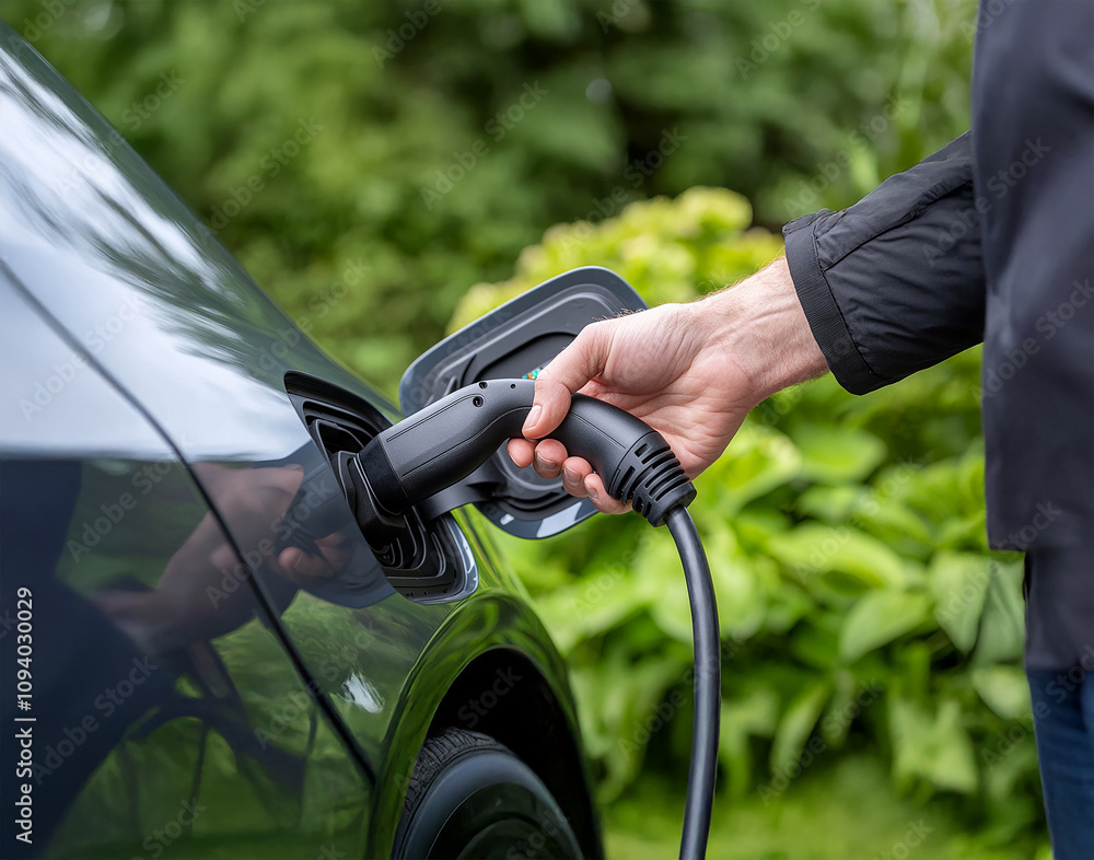 Hand plugging EV charger, blurred greenery backdrop Hand plugging EV charger, blurred greenery backdrop